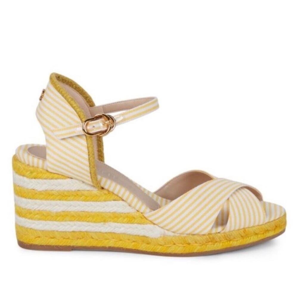 Stuart Weitzman Yellow and White Striped Espadrille Wedge Sandals Mirela